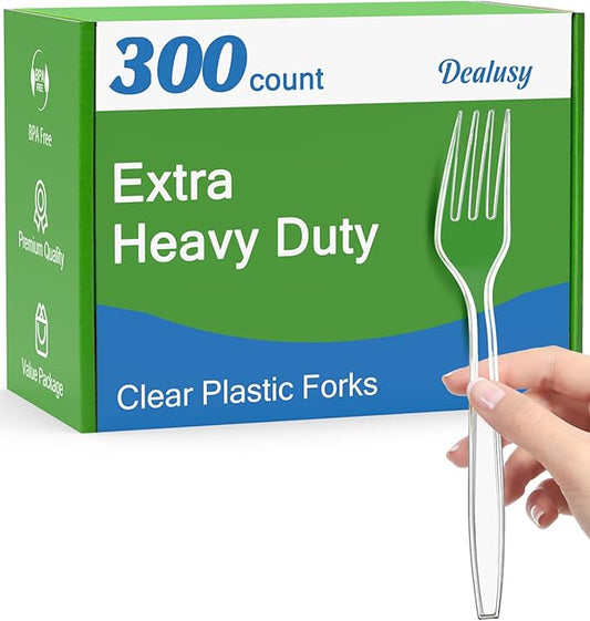 300 Count Extra Heavy Duty Clear Plastic Forks Disposable, BPA-Free, Heat Resistant, Solid and Durable Disposable Forks Bulk, Premium Plastic Forks heavy duty for Party Supply