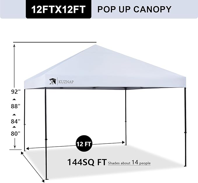12’x12’ Pop up Canopy Tent Patented EZ Set up Instant Outdoor Canopy with Wheeled Carry Bag Bonus 4 Weight Sandbags, 8 Stakes and 4 Ropes，White