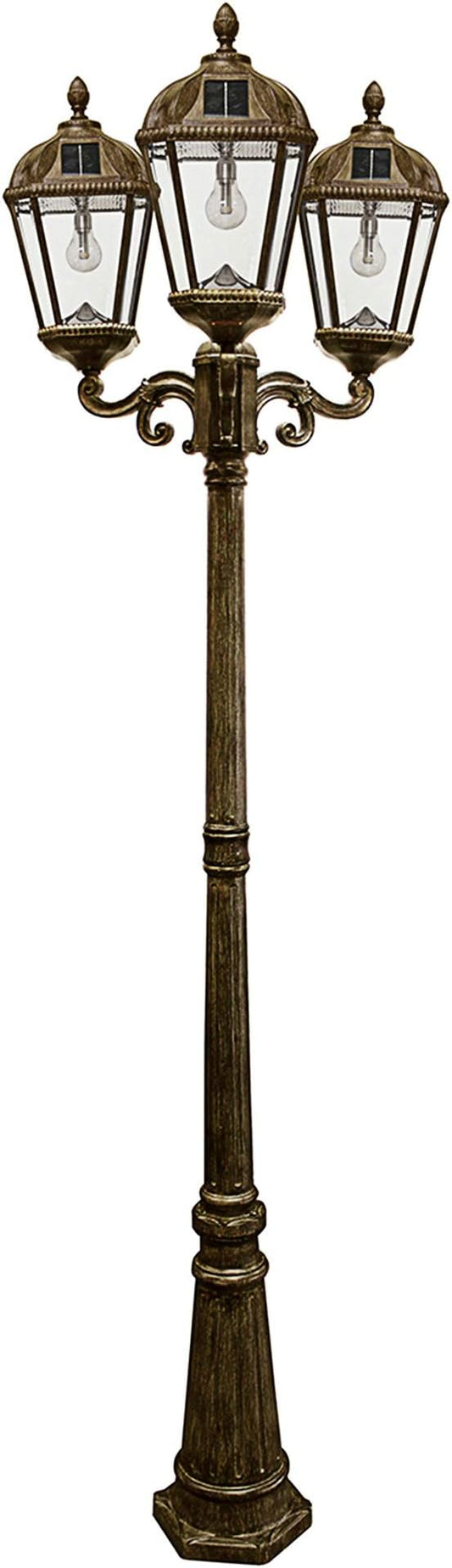 Gama Sonic Royal Bulb Solar Lamp Post Light Kit, 89 inch Tall, Outdoor Triple Head Weathered Bronze Cast Aluminum, Rain Water Glass Light Pole, Warm White 2700K 98B303 (Upgraded Panel)