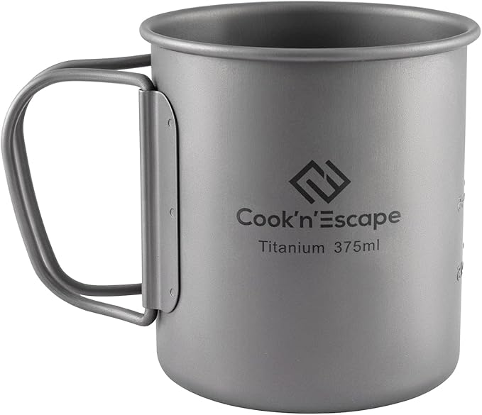 COOK'N'ESCAPE 375ml Camping Mug, Small Titanium Cup with Lightweight Backpacking Coffee Mug Foldable Handle for Outdoor Hiking Picnic Open Fire Cooking