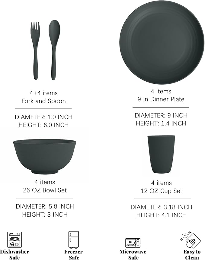 Wheat Straw Dinnerware Sets for 4, Lightweight and Unbreakable Plates and Bowls Sets, Alternatives Plastic Dinnerware Sets Reusable, Dorm Kitchen Essentials for Camping, Party (Dark Grey)