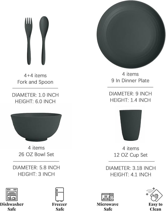 Wheat Straw Dinnerware Sets for 4, Lightweight and Unbreakable Plates and Bowls Sets, Alternatives Plastic Dinnerware Sets Reusable, Dorm Kitchen Essentials for Camping, Party (Dark Grey)