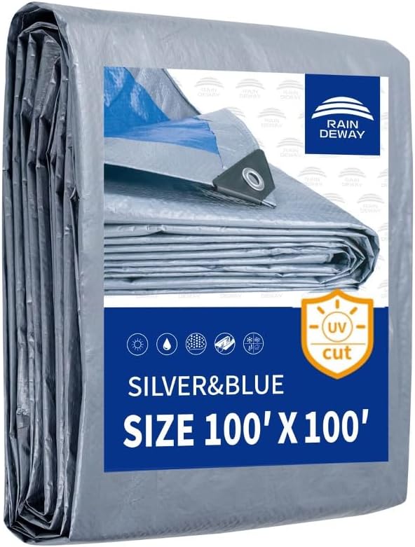 RAINDEWAY Large Tarps 100x100 Feet, 5.5 Mil - Multipurpose Waterproof Poly Tarp Cover with Metal Grommets and Reinforced Edges, Silver/Blue