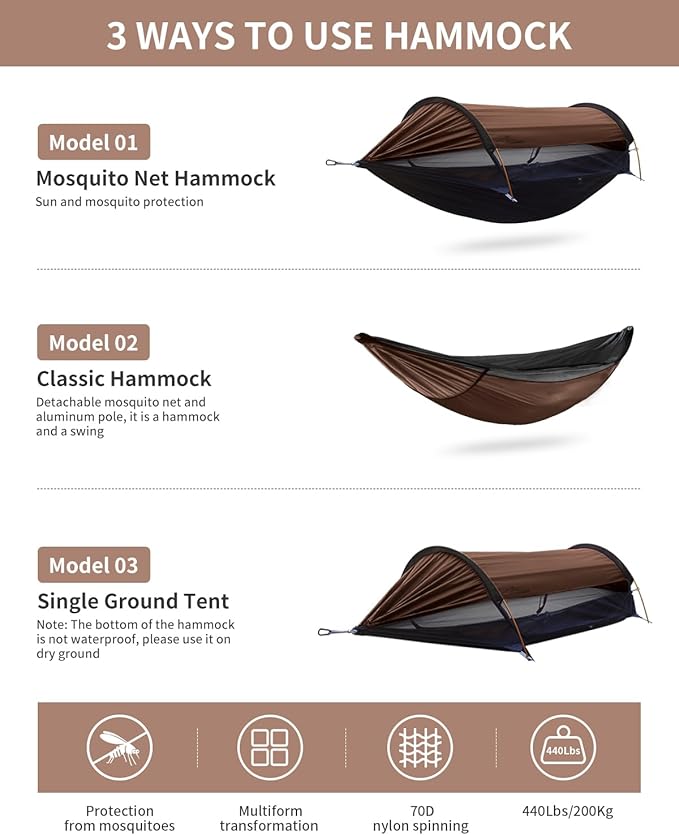 Camping Hammock Tent with Mosquito Net and Sunshade, Extra Large for 2 Person, Lightweight Hanging Hammocks Tree Straps, Bivvy Ground Tent for Outside, Hiking, and Travel