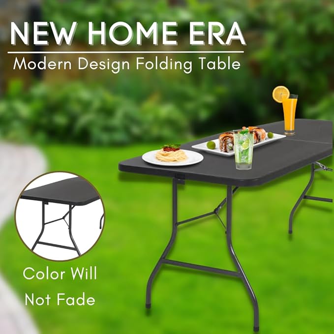 6ft Plastic Folding Table, Fold-in-Half Portable Utility Table Heavy Duty Portable w/Handle, for Indoor Outdoor,Picnic, Party, & Camping (Black, 6ft)