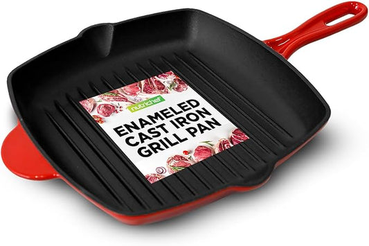 NutriChef 11" Enameled Cast Iron Steak Grill Pan - Square Skillet with Drip Spout, For All Cooktops, Perfect Grill Marks - NCCIES47