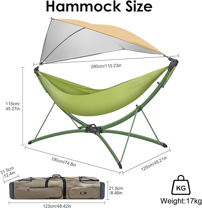 Portable Hammock with Quick Setup Folding Stand & Adjustable Sunshade Canopy & Storage Bag - Adult/Child Hammock Chair - Heavy Duty Hammock for Camping Home Garden Hotel Outside Beach Forest Grasslan