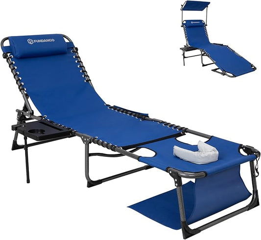 FUNDANGO 4 in 1 Tanning Chair with Face Hole, Beach Lounge Chair w/Canopy Shade & Side Table Chaise Lounge Chairs for Patio, Pool, Lawn, Sunbathing, 5-Position Adjustable Sun Lounger, Blue