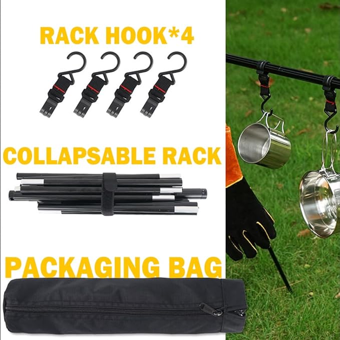 Foldable Tripod Camping Hanging Rack - 4 Hooks Outdoor Cookware Storage Portable, Outdoor Camping Folding Rack (Large)