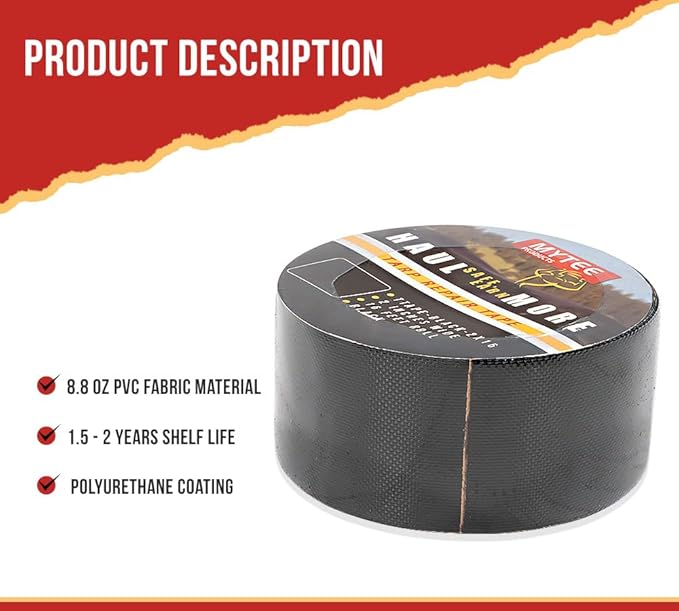 Mytee Products 8.8 oz Waterproof Black Vinyl Tarp Repair Tape 2 Inch x 16 FT with Heavy Duty Adhesive Backing - Tarp Patch Kit, Tarp Repair Kit