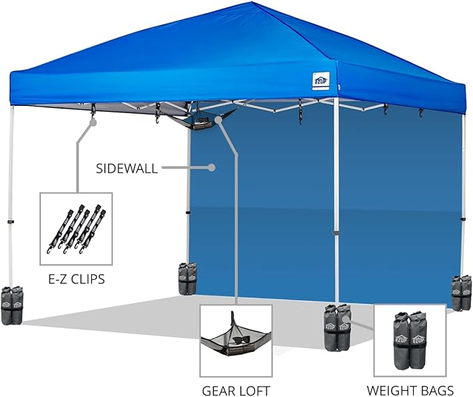 E-Z UP Envoy Plus 10’ x 10’ Pop-Up Canopy Tent, Royal Blue Top, Sidewall, Weight Bags, Roller Bag, E-Z Clips, Gear Loft