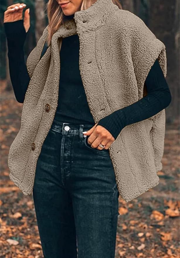 Hongqizo Womens Fuzzy Fleece Vest Casual Oversized Warm Button Down Sherpa Vest Jacket with Pockets
