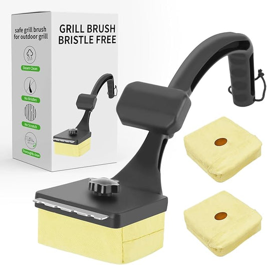 1+2PCS Bristle Free Grill Brush Non Metal Bristles for Outdoor Grill, Upgraded Safe No Wire Steam Brush with Scraper Replaceable Head, BBQ Sponge Grilling Cleaner for Dad