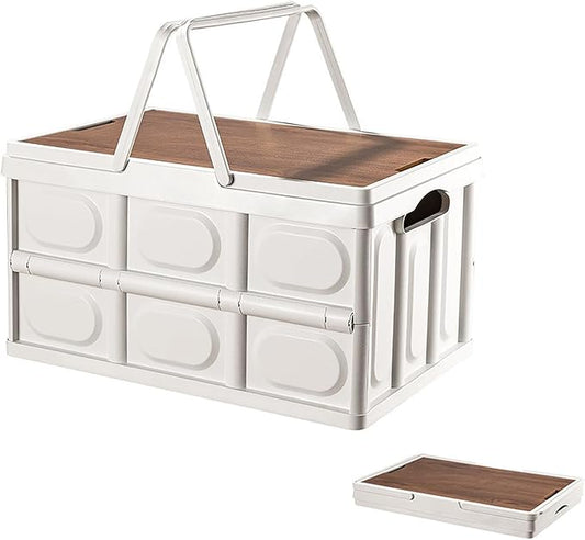VPTMRP Collapsible Storage Bin with Handles and Wooden Lid, Large Capacity Stackable Utility Crates Holds 33lbs for Outdoor Home Storage Organizing Moving (30L/7.9Gal)