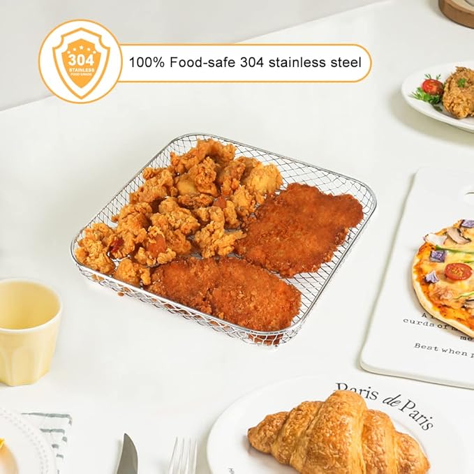BYKITCHEN 8 inch Square Air Fryer Rack, 3pcs Stackable Stainless Steel Dehydrator Rack with Silicon Feet, Square Air Fryer Accessories for Cosori, Instant Vortex, Ninja Pro XL 6.5 QT AF181 & More