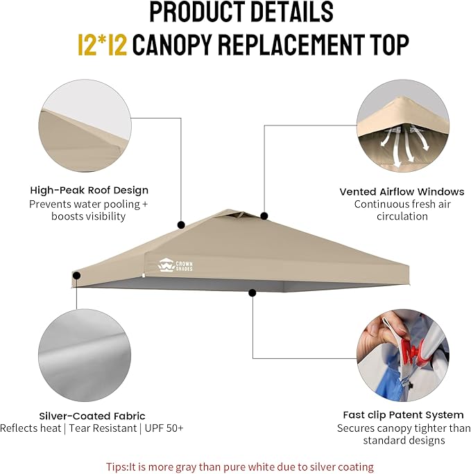 CROWN SHADES 12x12 Canopy Replacement Top - Only Compatible with Crown Shades RM144 Series, Silver Coated with Air Vent, Khaki (Top Only)
