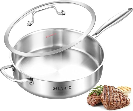 DELARLO Tri-Ply Stainless Steel Saute Pan With Lid 5.5QT,12.3Inch Deep Frying pan,Induction Large Skillet,Jumbo Cooker,Efficent Fast Even Heating Cooking Pan Dishwasher and Oven Safe