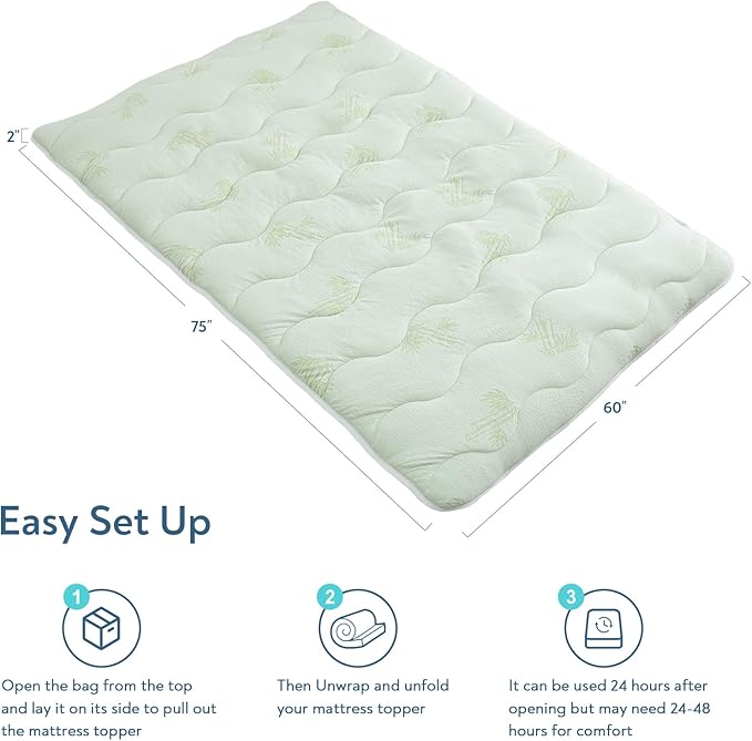 Viscose Short Queen Mattress Topper for RV Camper, Dual Layer 2 Inch Cooling Thick Foam Short Queen Mattress Topper Pad, Non-Slip RV Queen Camp Mattress Pad, Light Green