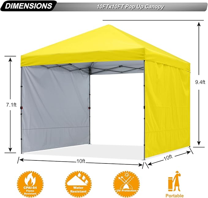 ABCCANOPY Pop up Canopy Tent with 2 Sidewalls for Outdoor Sun Blocking or Rain Protection,10x10, Yellow