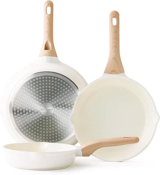Nonstick Ceramic Frying Pan Set, 3 Piece Ceramic Skillet Set, Healthy Non Toxic Cooking Pan, Stay-Cool Handle, Induction Compatible, PFOA & PFAS Free, White