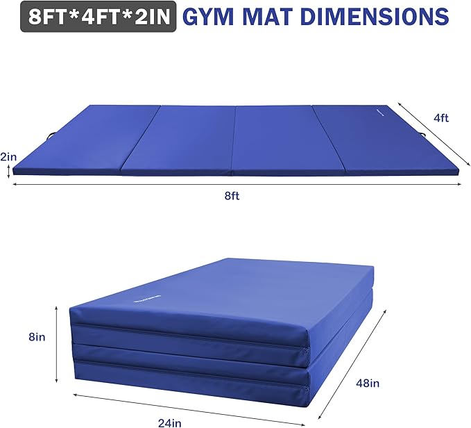 Folding Exercise Gymnastics Mat, 4'x8'x2" Gym Workout Mat with Carrying Handles 4-Fold High-Density Anti-Tear Portable Fitness Aerobics Mat for Home Gym Yoga Pilates Tumbling MMA Core Training