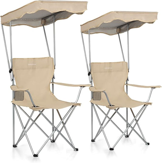Camping Chair 2 Pack Portable Camping Chair with Canopy,Folding Chair with Canopy, Durable 600D Oxford Canopy Chair for Camping, Beach, Picnics, Fishing & Sports.Beige