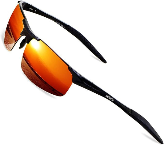 RONSOU Mens Sunglasses Polarized Sport UV Protection Ultralight Al Mg Sunglasses for Men Fishing Driving Golf