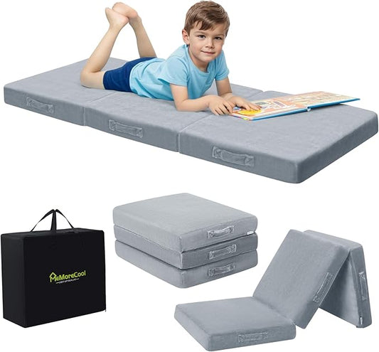 MeMoreCool Foldable Floor Mattress for Kids, Toddler Floor Nap Mat for Sleeping Daycare, Small Child Foldable Mattress Floor Bed, Trifold Futon Portable Tri Folding Mattress, Grey 63x26 Inch