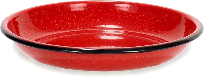 Red Co. Set of 4 Enamelware Metal 10” Round Camping Plates, White-Speckled Red/Black Rim