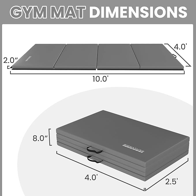 Folding Exercise Gymnastics Mat 10'x4'x2" Gym Workout Mat with Carrying Handles High-Density Anti-Tear Portable Fitness Aerobics Mats for Home Gym Yoga Pilates Tumbling MMA Core Training, Multiple Colors