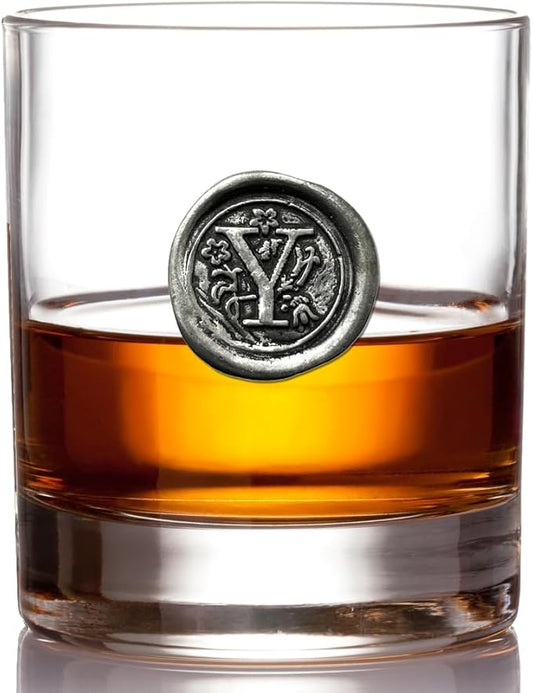 English Pewter Company 11oz Old Fashioned Whiskey Rocks Glass With Monogram Initial - Unique Gifts For Men - Personalized Gifts With Your Choice of Initial (Y) MON125