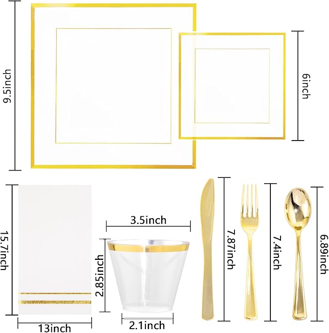 Festiva 350Pcs Clear Plastic Plates with Gold rim - Clear Gold Disposable Dinnerware for 50 Guests include 100 Square Plastic Plates 50Cups 50Cutlery 50Napkins Perfect for Thanksgiving Party&Wedding