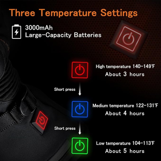 Heated Motorcycle Gloves for Men & Women - 7.4V 3000mAh Rechargeable Batteries, Electric, Touchscreen, Waterproof, Windproof, Non-Slip, Skiing, Cycling, Fishing