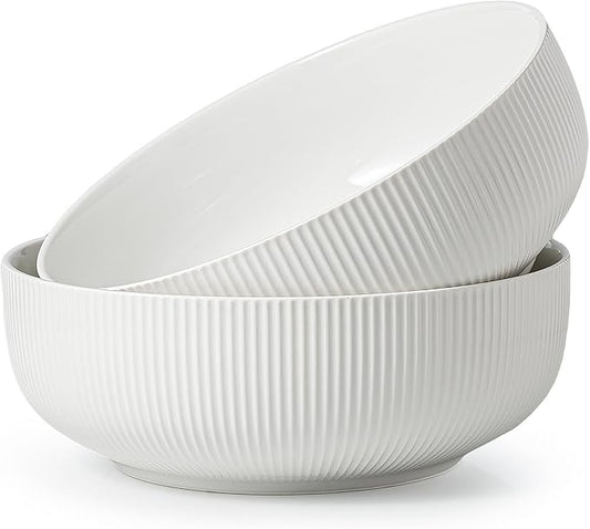 getstar Large Serving Bowls (8 inch & 60 fl oz), Ceramic Salad Bowl Set of 2, Microwave and Dishwasher Safe, Farmhouse Kitchen Decorative Bowls Set (Embossed Checks & Stripes)