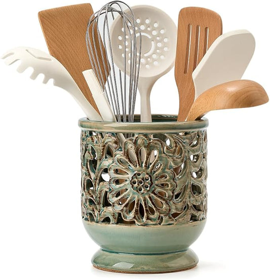 Farmhouse Kitchen Utensil Holder for Countertop, Ceramic Large Cooking Utensil Crock with Cork Mat, Decorative Rustic Utensil Holder for Kitchen Counter, Hollow Carving Flower, Blue