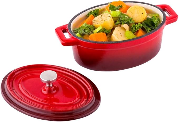 Restaurantware 9 Ounce Mini Casserole Dish 1 Mini Dutch Oven With Lid - Enameled Oval Red Cast Iron Mini Cocotte Heavy-Duty For Baking Braising or Roasting