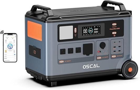 OSCAL PowerMax 6000 Solar Power Station, 120/240V Split Phase Voltage 6000W AC Outlets (7200W Peak), 3600Wh LFP Battery Generator, Expandable to 57.6kWh, 2200W/1.96H Fast Charging, Emergency for Home