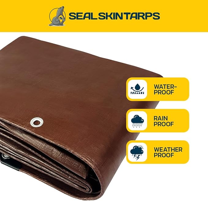 Seal Skin Covers Heavy Duty Waterproof Tarp 20x30 FT, 12 Mil 8 OZ 120 GSM Thick Brown Poly Tarp with Rustproof Grommets, Tear-Proof Cover with Reinforced Edges for Camping, Pool, Canopy Use