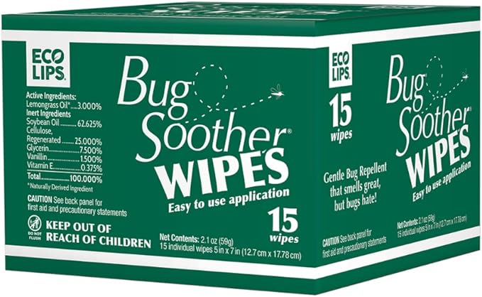 Bug Soother Wipes (15 ct) - Natural Insect, Gnat and Mosquito Repellent & Deterrent - 100% DEET-Free Safe Bug Wipes for Adults, Kids, & Pets - Made in USA