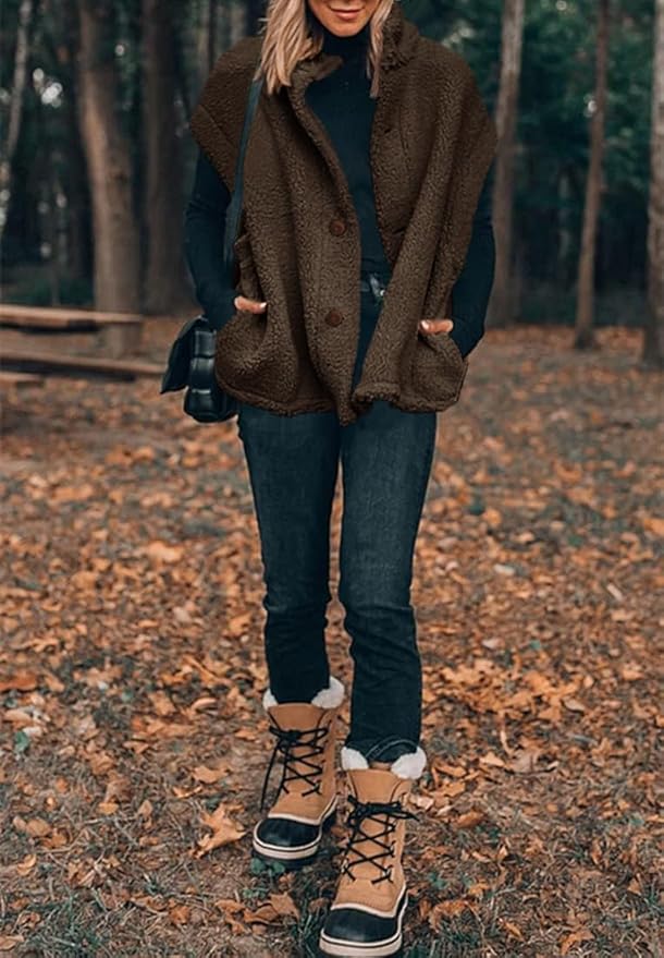 Hongqizo Womens Fuzzy Fleece Vest Casual Oversized Warm Button Down Sherpa Vest Jacket with Pockets