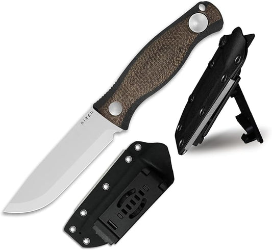 Kizer Polaris Fixed Blade Knife, 4.23" AEB-L Steel Camping Knife with Brown Black Micarta & Black G10 Handle, Survival Hunting Bushcraft Knives with Adjustable Sheath & Sharpener, 1100A3