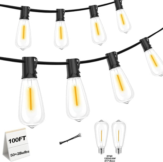 100 FT Commercial Grade Outdoor String Lights with 52 Shatterproof Waterproof LED Edison Bulbs Hanging Lights for Wedding Party Cafe