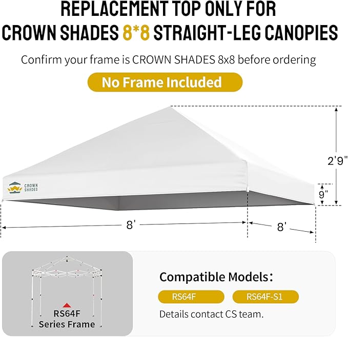 CROWN SHADES 8x8 Canopy Replacement Top - Only Compatible with Crown Shades RS64F Series, Silver Coated with Air Vent, White (Top Only)