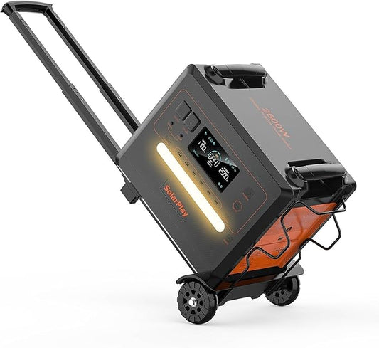 SolarPlay 2500W/2304Wh Portable Power Station(Peak 4800W), Power Station with Foldable Cart, 1.5Hrs Fast Charging LFP Battery, 4 AC Outlets Emergency Solar Generator for Home Camping Battery Backup