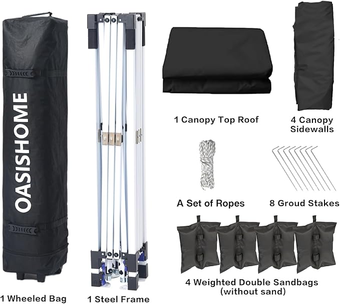 OASISHOME Pop-up Gazebo Instant Portable Canopy Tent 10'x10', with 4 Sidewalls, Windows, Wheeled Bag, for Patio/Outdoor/Wedding Parties and Events (10FTx10FT, Black)