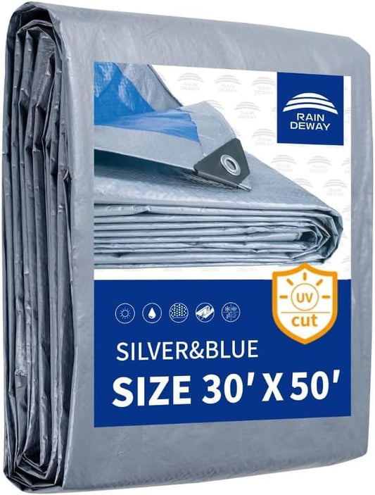 RAINDEWAY Large Tarps 30x50 Feet, 5.5 Mil - Multipurpose Waterproof Poly Tarp Cover with Metal Grommets and Reinforced Edges, Silver/Blue Tarp