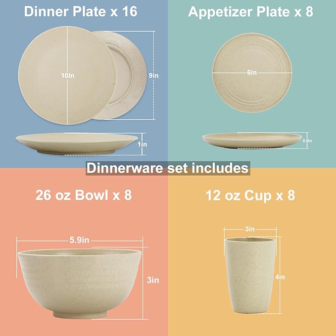 40 Pieces Plates and Bowls Sets, Wheat Straw Dinnerware Sets for 8, Dinner Plates, Cereal Bowls and Drinking Cups, Unbreakable and Reusable Plastic Dinnerware Sets (Beige)