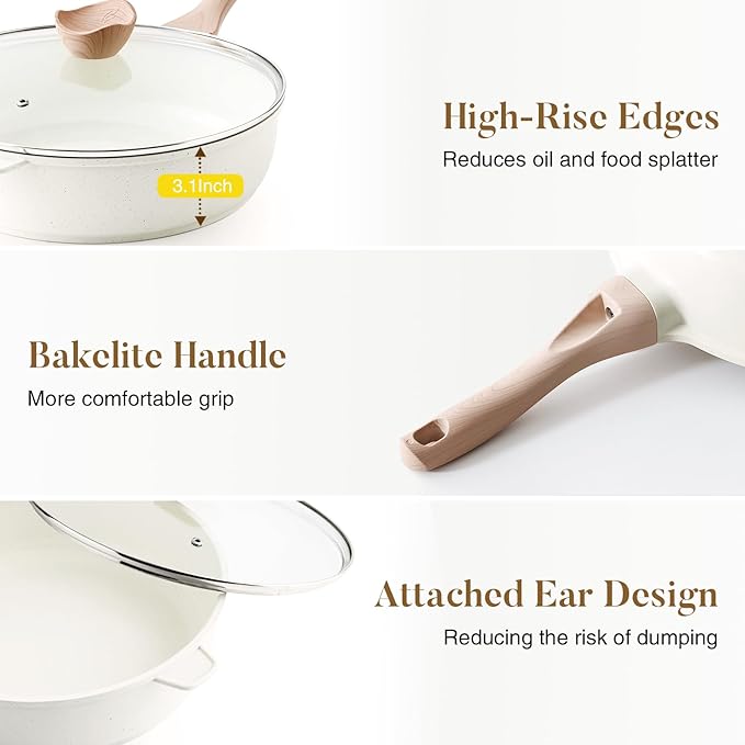 Nonstick Ceramic Deep Frying Pan, 12 Inch Non Toxic Large Skillet with Lid, 5 Qt Healthy Jumbo Cooker, Saute Pan for Cooking, Induction Cookware, PFOA & PFAS Free (Cream)