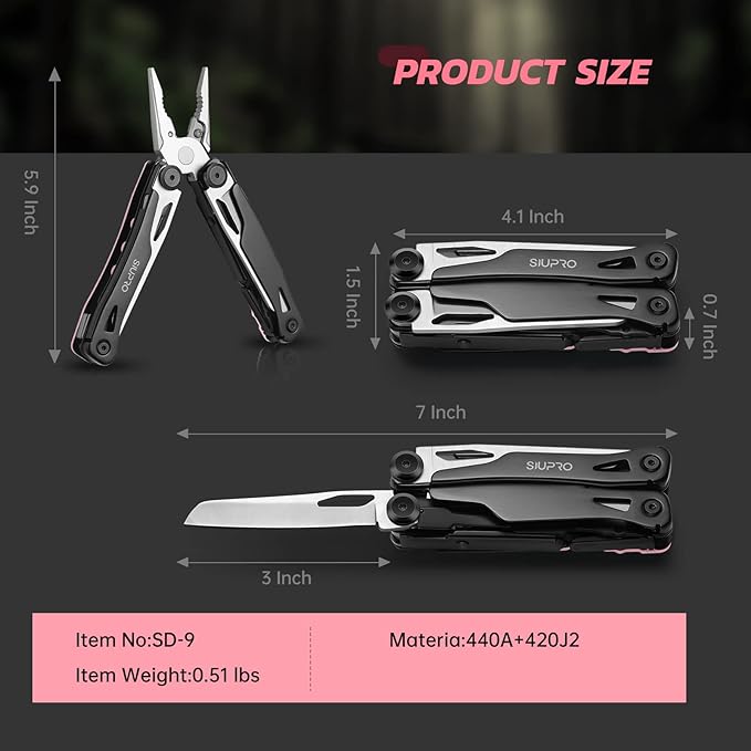 Pocket Multitool Knife for Men, Women, Tactical Multi Tool, All Self-Locking Camping Saw, Survival Pliers set With Clip and Pouch, Gifts Idea, Pink