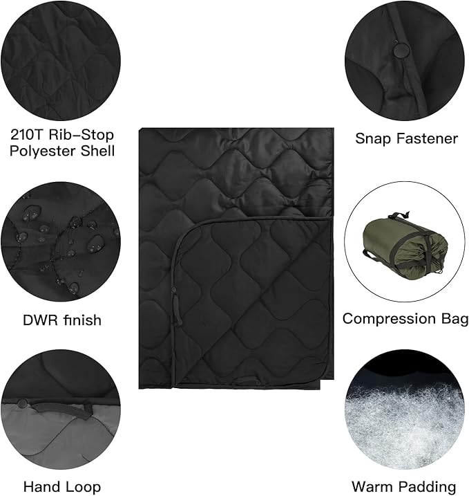 Military Poncho Liner 55”x 79” Camping Blanket Insulation Compact Waterproof for Travel Stadium Outdoor Camping